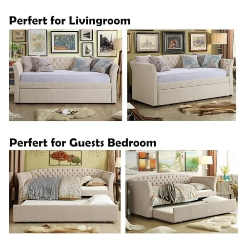 Rosevera Adrie Upholstered Twin Daybed with Tufted Button, Beige Velvet, Suitable for Living Room and Bedroom, Perfect for Guests, Elegant and Space-Saving Storage Solution