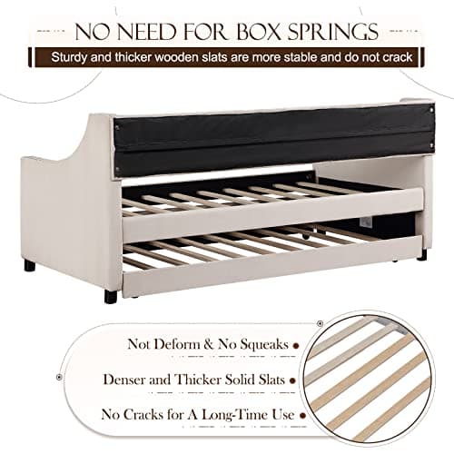 Beige Tufted Button Twin Daybed with Trundle, Modern Upholstered Velvet Sofa Bed