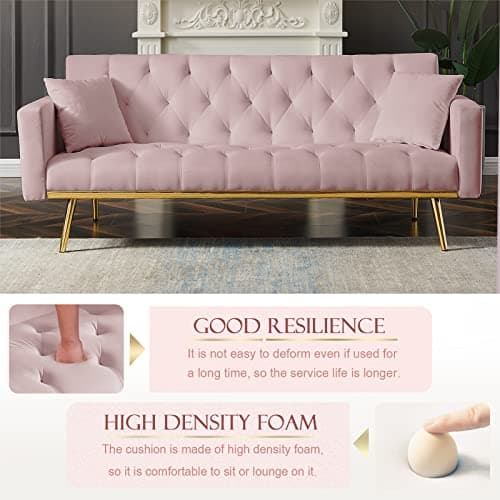 Golden Tapered Metal Legs, Pink 73-inch Reclining Velvet Futon Sofa Bed