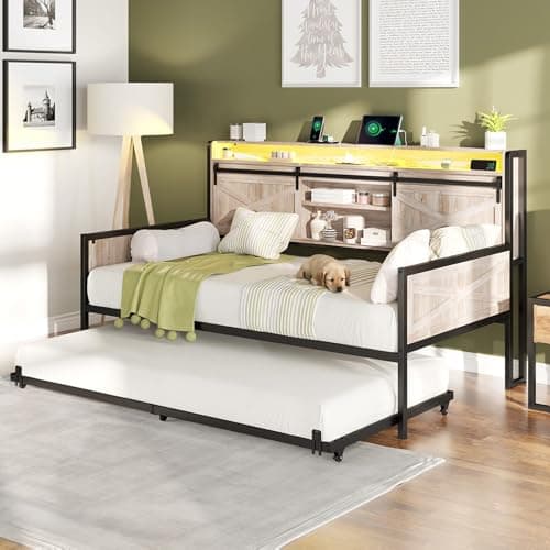 AMERLIFE Rustic Brown Twin Daybed with Trundle, Sliding Barn Door Headboard & Charging Station