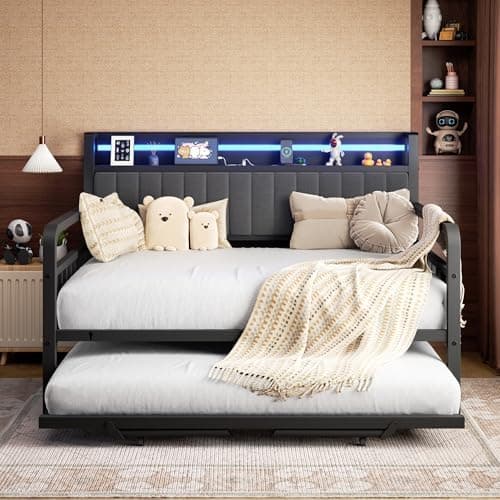 Daybed with Trundle and LED Light, Heavy Duty Metal Twin Bed Frame with Upholstered Storage Headboard & Charging Station, Day Bed Pop Up Trundle Bed Twin for Living Room,Bedroom and Guest Room (Black)