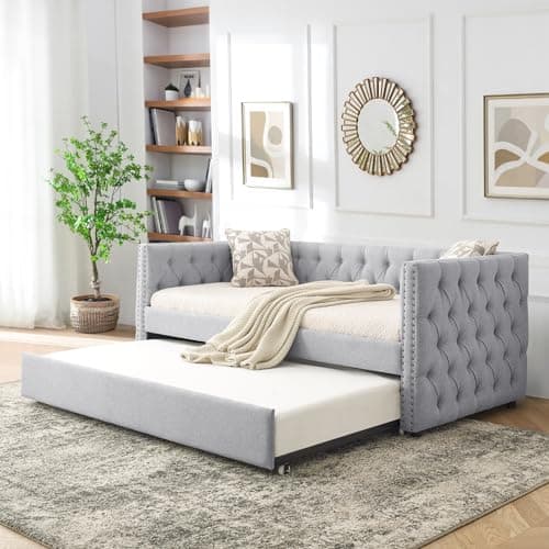 Antetek Grey Fabric Button-Tufted Twin Daybed with Trundle Sofa