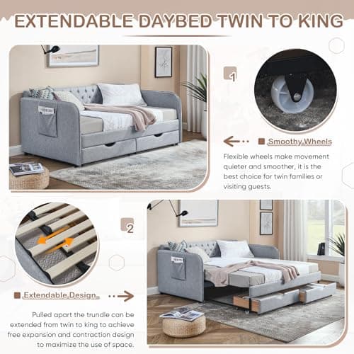 Modern Upholstered Daybed with Trundle Bed: Twin to King, Storage Drawer, Grey