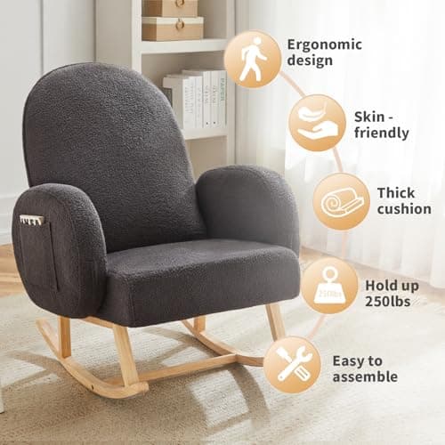 Rubber Wood Leg Rocking Chair with Side Pocket for Living Room, Bedroom, Nursery