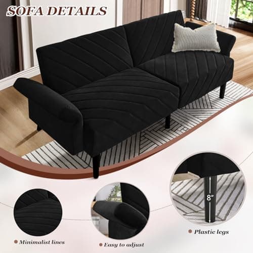 Modern Convertible Sleeper Futon Couch, Velvet Oversized Loveseat Sofa Couch