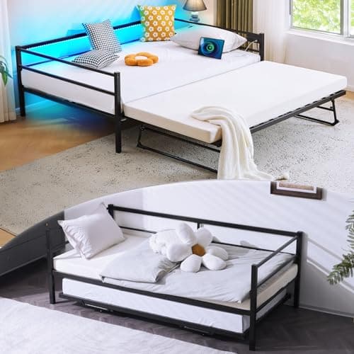 VINGLI Twin Daybed with Pop-up Trundle, Charging Station & LED Lights, Black