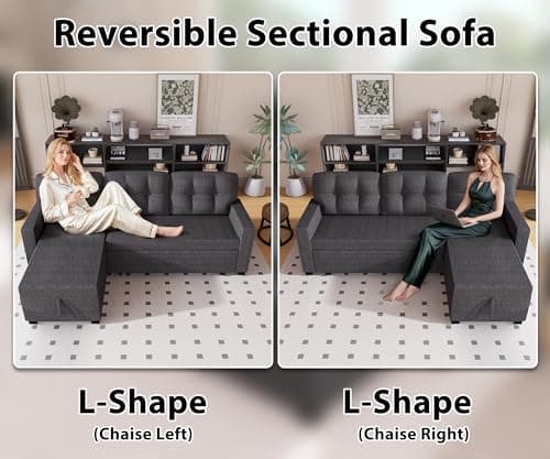 DeepGrey Linen Reversible Sectional Sleeper Couch with Storage and Pull-Out Bed