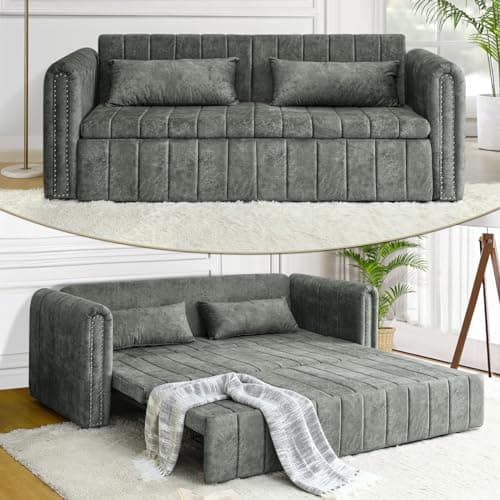 Antetek 82 Velvet Sleeper Sofa - Modern 3-Seat Couch with Pullout Bed & Pillows, Beige