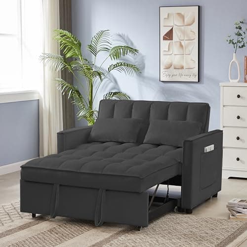 65" 3-in-1 Folding Sofa Bed, Chenille Fabric, 360° Swivel Table, Grey
