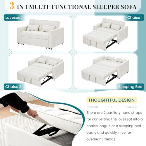 Convertible Sleeper Sofa Bed for Small Living Rooms, Beige Velvet Loveseat Futon Couch with Pullout Bed