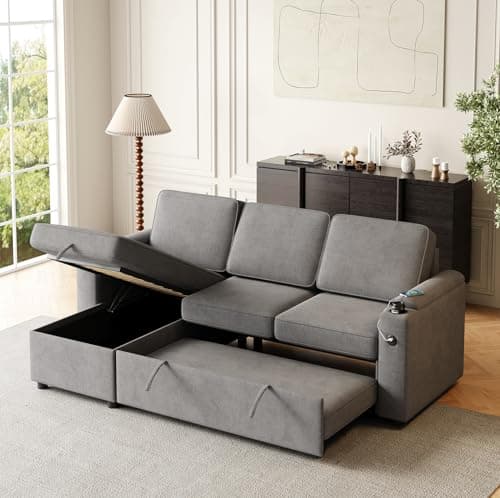 Antetek L-Shaped Sectional Sleeper Sofa, Grey with Storage & USB Port