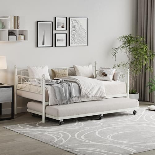 GarveeHome Black Metal Daybed with Floral Headboard, Twin Size for Guest Room, Heavy Duty Steel Slats Supports