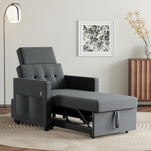 LIKIMIO 3-in-1 Sleeper Sofa Chair Bed, Dark Grey Linen Fabric