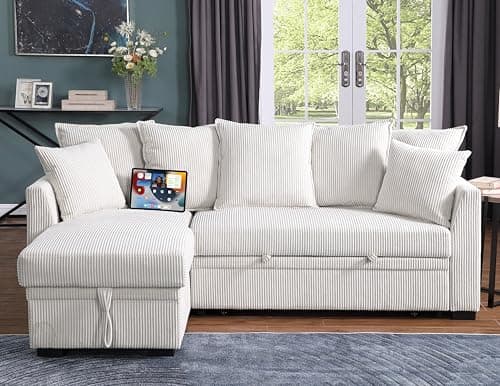 Eafurn Reversible Corduroy L-Shaped Sleeper Sectional With Chaise, USB Ports, Living Room Sofa Bed