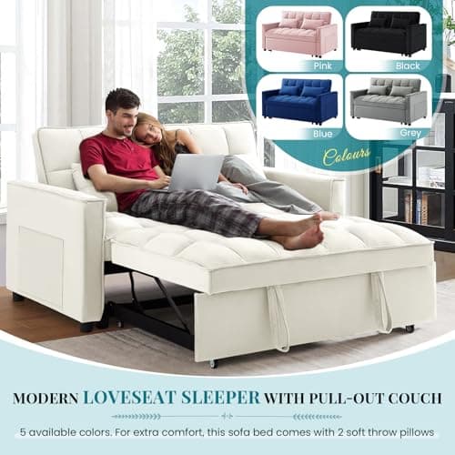 Convertible Sleeper Sofa Bed for Small Living Rooms, Beige Velvet Loveseat Futon Couch with Pullout Bed