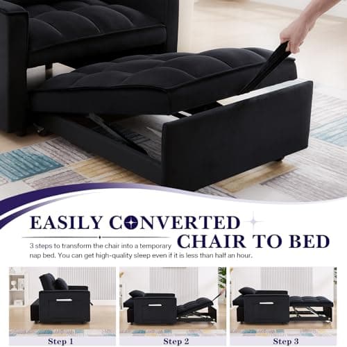 Black Modern Velvet Sleeper Sofa Chair Bed with Adjustable Backrest