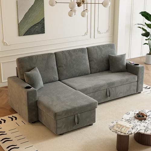 Reversible Storage Chaise Sleeper Sofa, 83.5" L-Shaped with Cup Holders & USB, Grey Corduroy