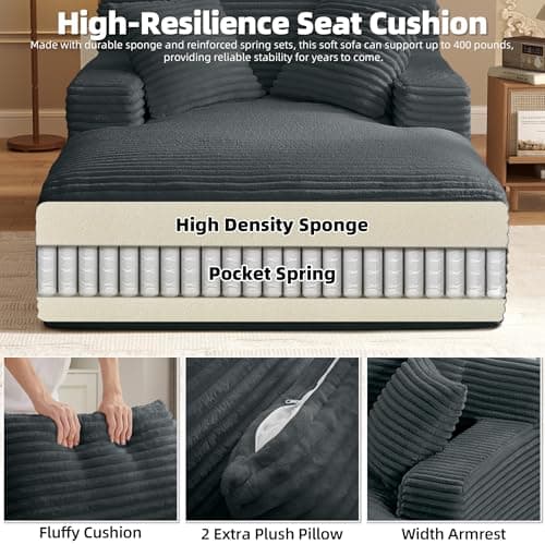 Fluffy Cloud Couch Oversized Chaise Lounge, Dark Grey, No Assembly, 400lbs Capacity