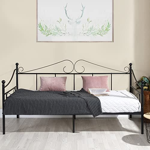 Black Metal Twin Daybed Frame with Headboard, Mattress Support for Living Room Sofa Bed