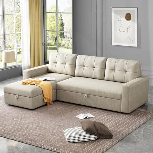 Beige L-Shaped Sleeper Sectional with Reversible Storage for Living Room & Apartment