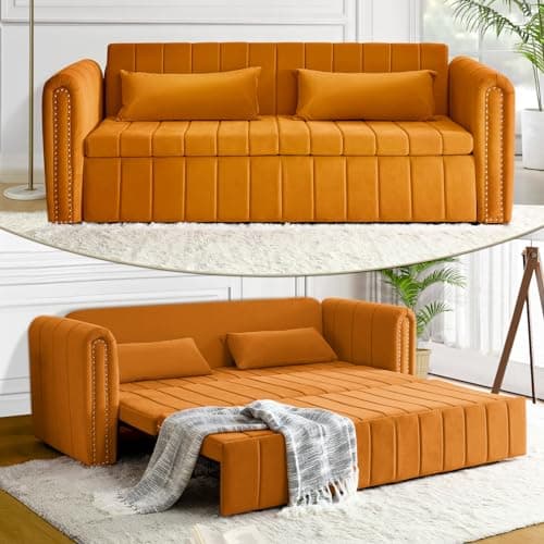 Antetek 82 Velvet Sleeper Sofa - Modern 3-Seat Couch with Pullout Bed & Pillows, Beige