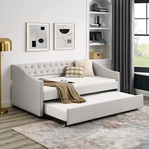 Gray Extendable Linen Daybed with Drawers and Pop-up Guest Bed