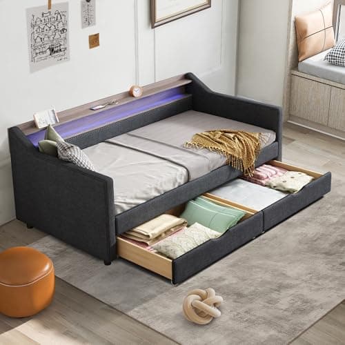 Linen Upholstered Twin Daybed with Storage and USB Port,Dark Grey
