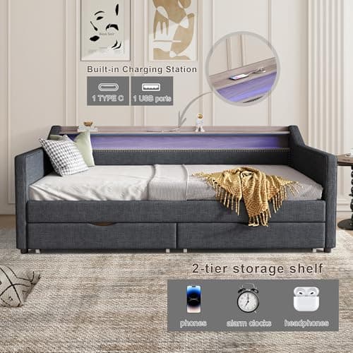Linen Upholstered Twin Daybed with Storage and USB Port,Dark Grey