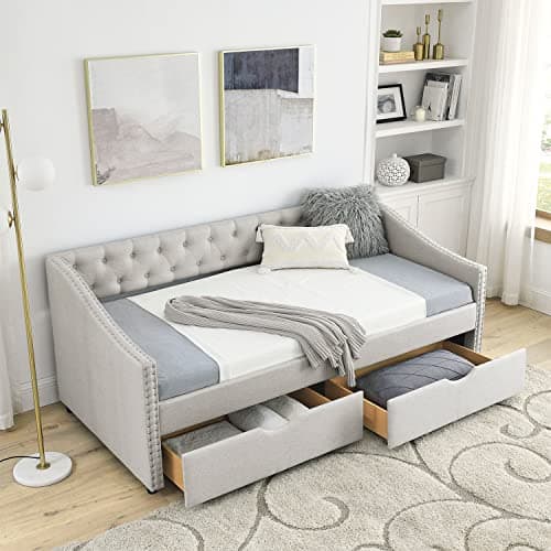 Modern Linen Upholstered Daybed with Drawers - Twin Size, Beige
