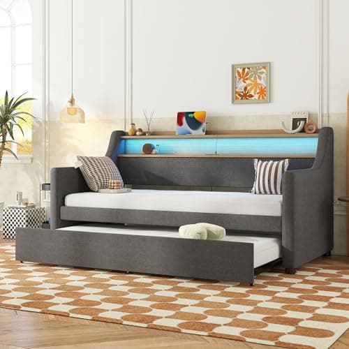 TwinSize Daybed with Charging Station & LED Lights, Gary's Slat Support Snooze Sofa