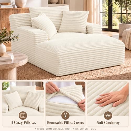49" Chaise Lounge Indoor, Oversized Chaise Lounge Chair with 3 Comfy Pillows for Living Room Bedroom, Wide Arms Corduroy Fabric High-Density Foam No Assembly Required (White)