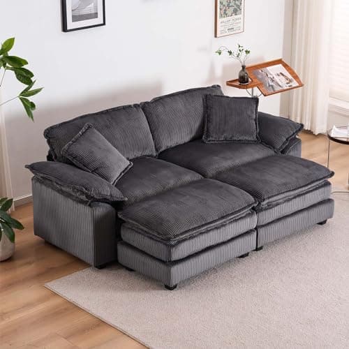Modern Yellow Corduroy Chaise Longue with Movable Ottoman for Living Room