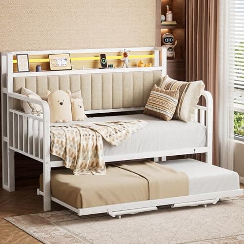 Daybed with Trundle and LED Light, Heavy Duty Metal Twin Bed Frame with Upholstered Storage Headboard & Charging Station, Day Bed Pop Up Trundle Bed Twin for Living Room,Bedroom and Guest Room (Black)