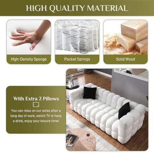 Sherpa Upholstered 3-Seater Cloud Couch with Pillows for Living Room - White