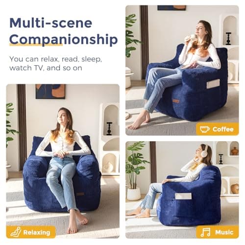 MAXYOYO Navy Tufted Bean Bag Chair with Filler for Living Room & Bedroom