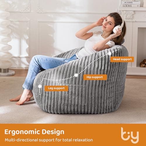 BYBYME Giant Comfy Bean Bag Chair for Adults and Kids, Grey