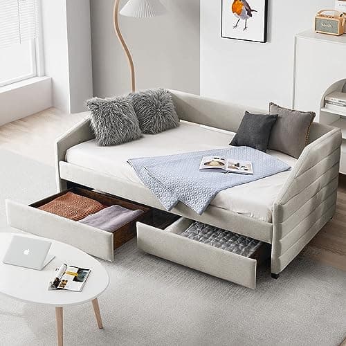 Modern Tufted Linen Daybed with Drawers - Grey Twin Size