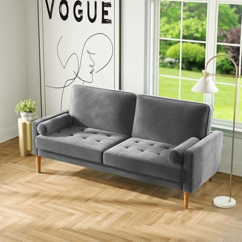Mid Century Modern Beige Tufted Velvet Love Seat Sofa, 56" Comfy 2 Seater