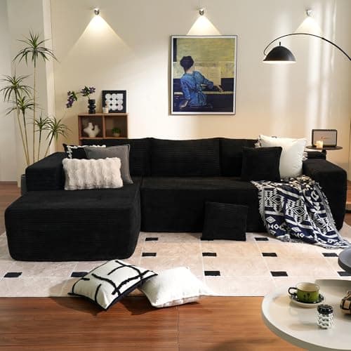 Ovios 104" L-Shape Chaise Cloud Sectional Sofa, Black (Corduroy Fabric)