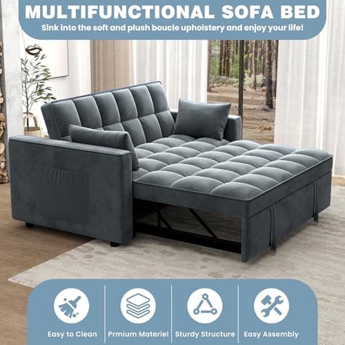 Gray 3-in-1 Velvet Sleeper Sofa Bed 55.9" Living Room Furniture