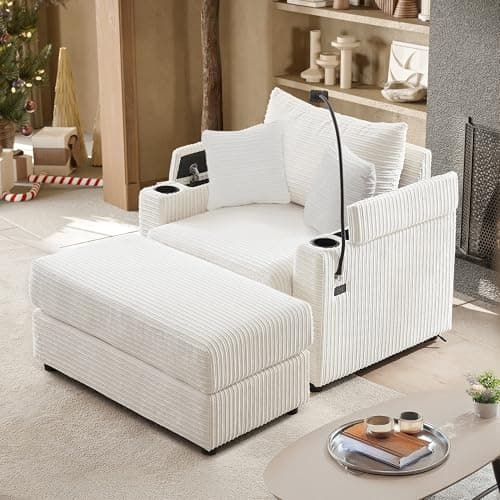 Oversized White Chaise Lounge Chair with Ottoman & 2 Pillows, USB Ports & Cup Holders (39.4")