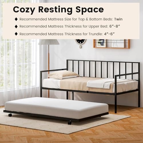 Giantex Black Metal Twin Day Bed with Pullout Trundle & Lockable Casters