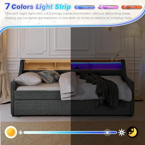 Twin Daybed with Pop Up Trundle & Wireless Charger - Dark Grey Sofa Bed for Bedroom & Living Room, No Box Spring Needed  
Upholstered Day Bed Frame with LED/USB/Type C/Storage Headboard - Dark Grey Twin to King Trundle Bed for Bedroom & Living Room,