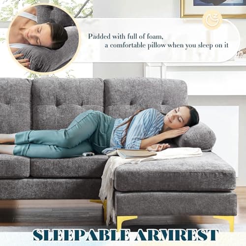 Antetek 80.7 L Shaped Chenille Sectional Sofa with Chaise Lounge, Modern Cloud Couch for Small Spaces in Grey