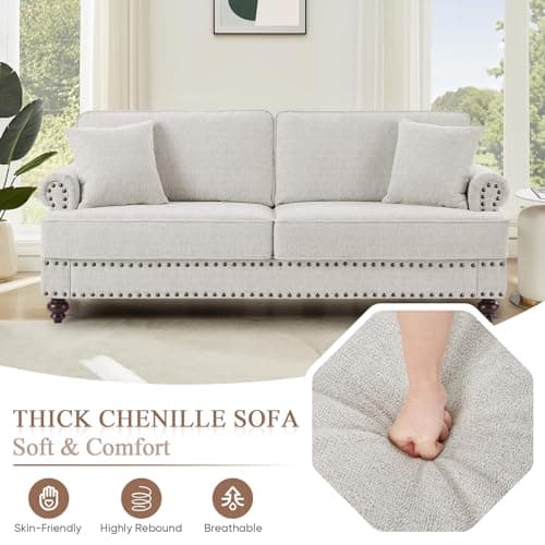 Antetek Chenille Sofa Couch, Mid-Century Modern 3-Seater Sofa with Bun Feet, Beige