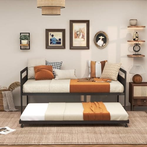 Giantex Rustic Brown Metal Day Bed with Trundle Support