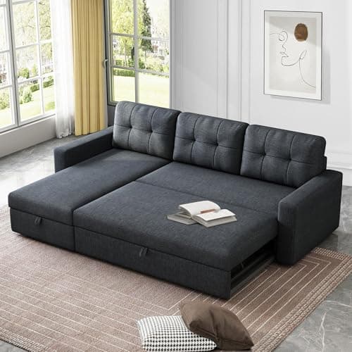 Dark Grey L-Shaped Reversible Upholstered Sleeper Sectional Sofa