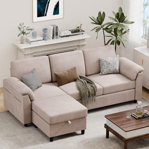 Vongrasig 79" L-Shaped Sectional with Storage Ottoman, Black Linen Fabric