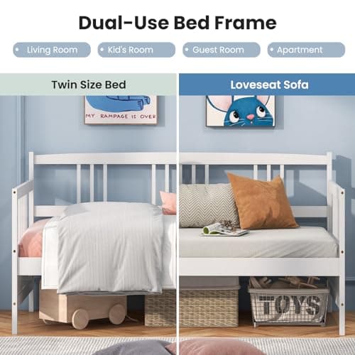 Giantex Twin Daybed Frame, Wooden Guest Bed with Rails, White