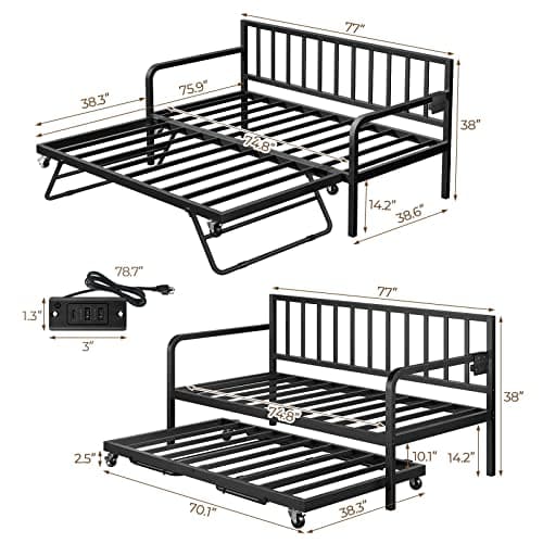 Rolanstar Height Adjustable Black Metal Daybed with Charging & LED Lights